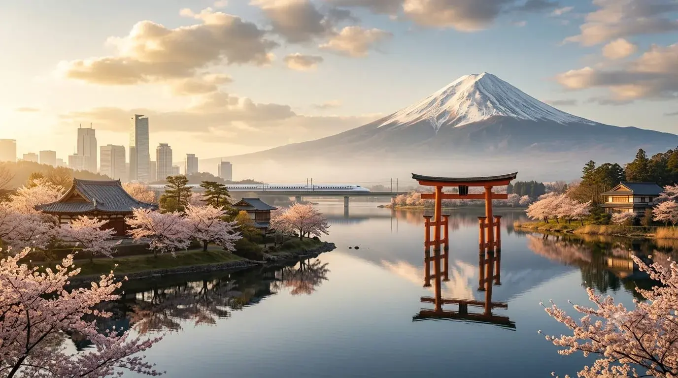 Mount Fuji and a red torii gate reflected in a calm lake beside a Tokyo skyline, cherry blossoms in bloom.